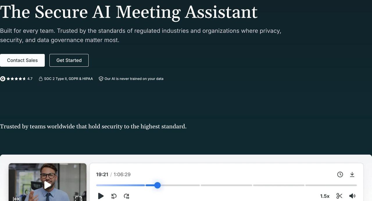 Detail of Fellow's website, showing its AI meeting assistant headline and a recording player
