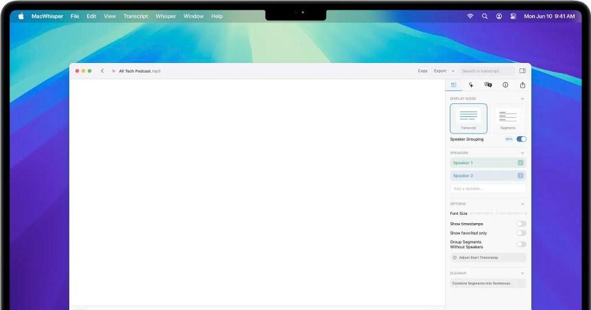 Detail of MacWhisper's website, showing its transcript window with a speaker panel